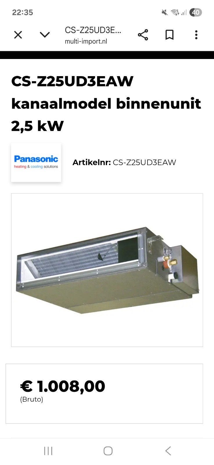 Panasonic CS-Z25UD3EAW Kanaalmodel Binnenunit 2,5 kW, Koelen en Ontvochtigen, Minder dan 60 m³, Nieuw, 3 snelheden of meer