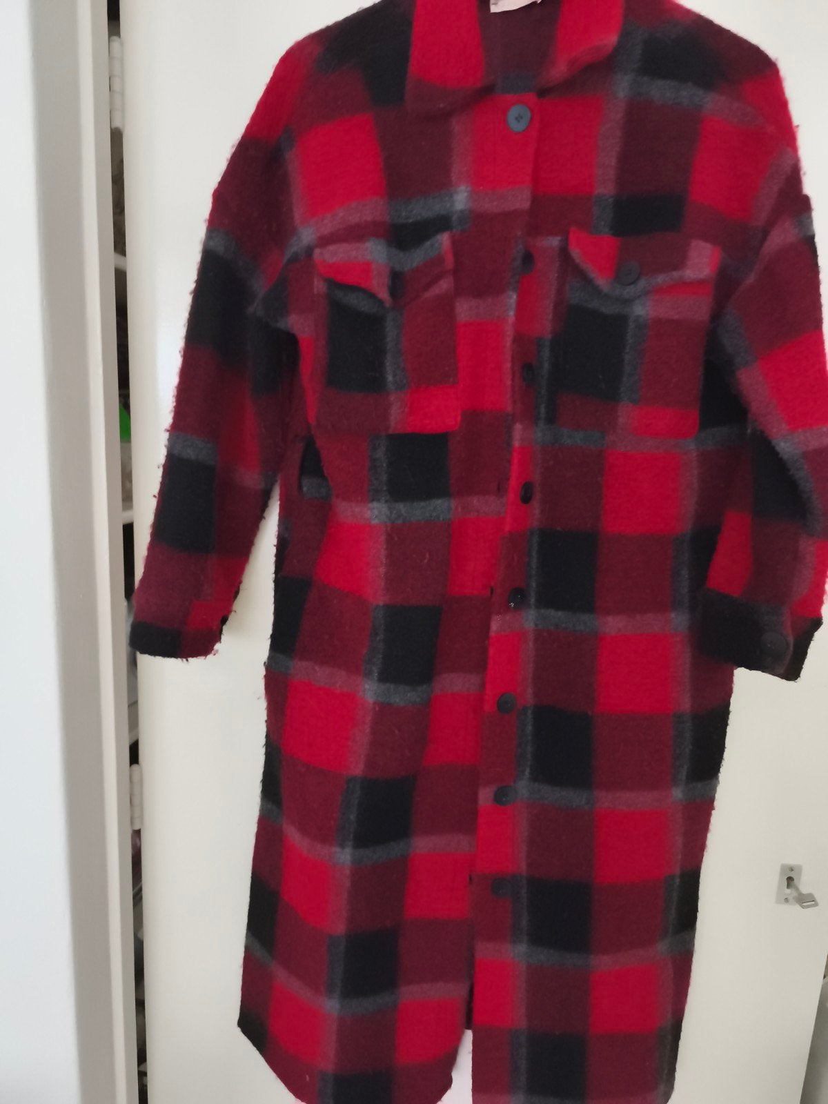 Lange geruite vest jas - rood, zwart, grijs, Maat 38/40 (M), Ophalen of Verzenden, Gedragen, Rood