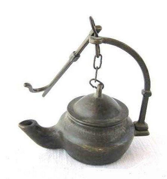 Oud bronzen miniatuur Keteltje aan ophanghaak, Ophalen of Verzenden