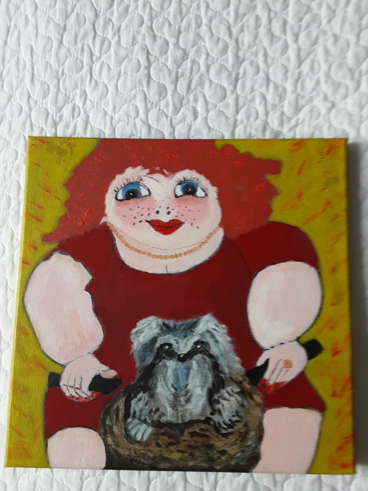 dikke dame op de fiets met hond, Antiek en Kunst, Ophalen of Verzenden