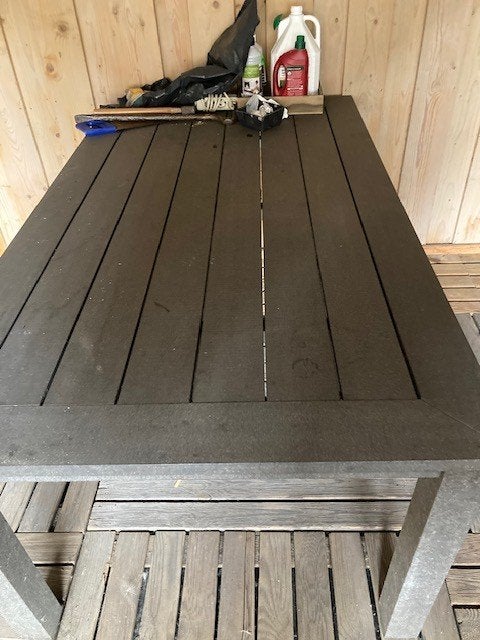 terrastafel + 4 terrasstoelen., Ophalen, Zo goed als nieuw, Rechthoekig, Hout