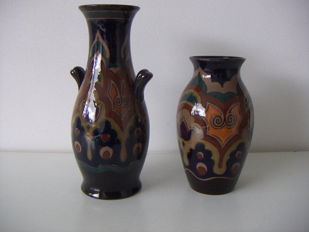2 x Zuid Holland Gouda plateel keramiek vazen jr.1918. Maas., Antiek en Kunst, Antiek | Keramiek en Aardewerk, Ophalen of Verzenden
