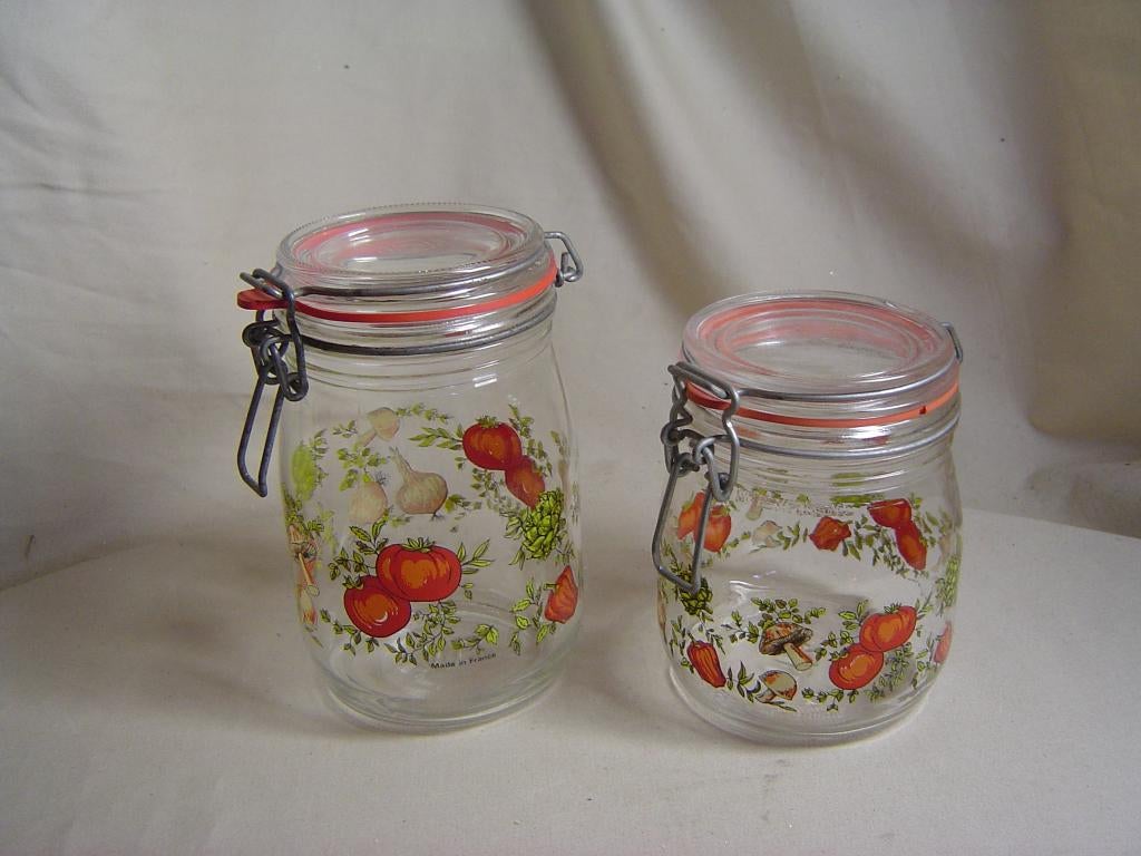 2 vintage glazen wekpotten Arc France groentemotief, Glas of Glazen, Gebruikt, Ophalen of Verzenden, Glas