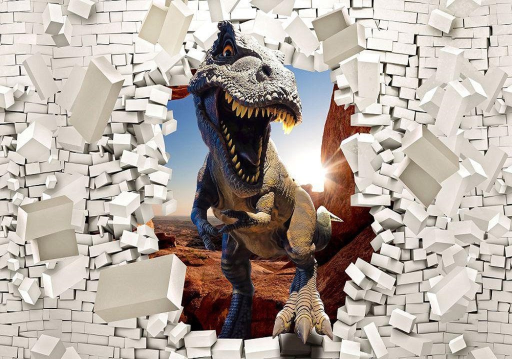 3D behang Dinosaurus door stenen muur | Muurdeco4kids, Verzenden, Nieuw