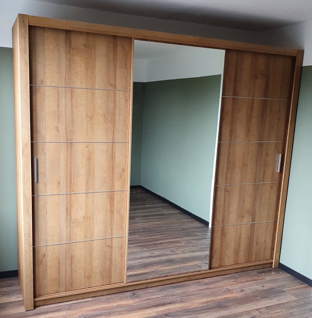 VOORRAAD Eiken kledingkast met spiegel 250 cm + Inhoud NIEUW, Huis en Inrichting, Kasten | Kledingkasten, Met deur(en), 200 cm of meer