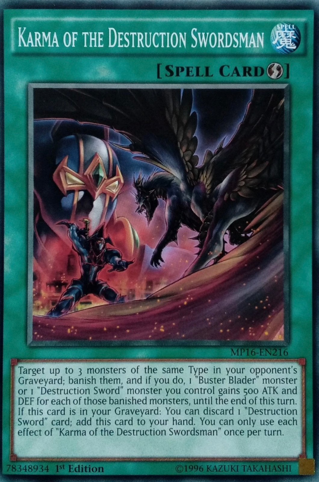 Yu-Gi-Oh! Karma of the Destruction Swordsman MP16 1st !, Ophalen of Verzenden, Zo goed als nieuw, Losse kaart