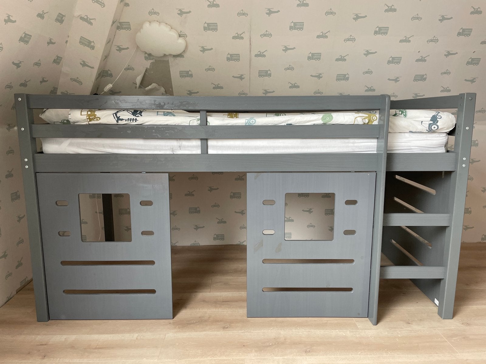 Halfhoogslaper Ties grijs met lattenbodem, Ophalen, Gebruikt, 90 cm, Eenpersoons