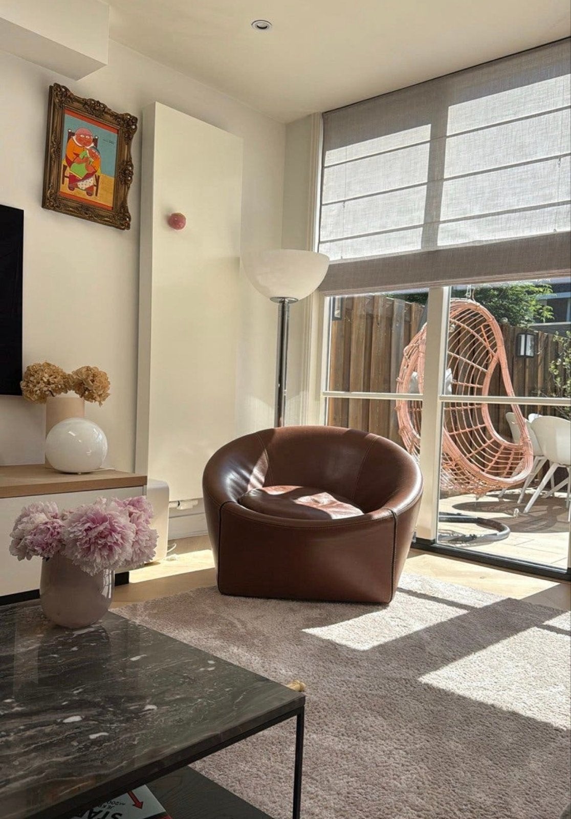 Minotti Capri Fauteuil met Hocker - Cognacbruin Leer, Ophalen, Gebruikt, Leer, 75 tot 100 cm