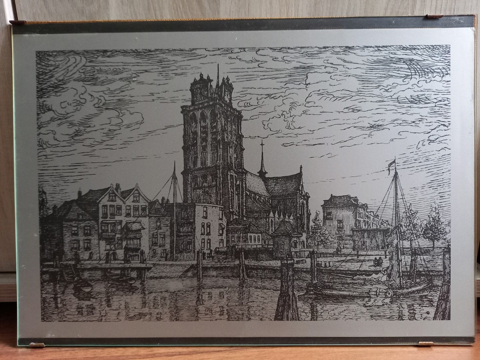 Mooi schilderij  / prent in lijst (Grote kerk Dordrecht), Ophalen, Gebruikt