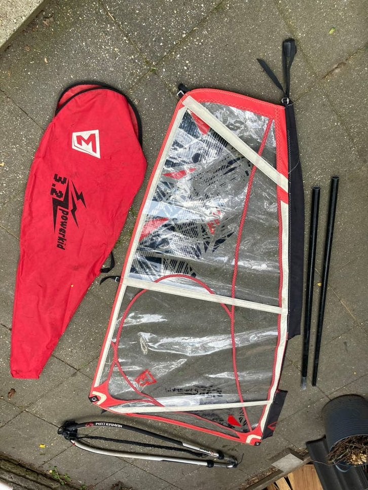 Windsurf Powerkid 3.2m² zeil met giek en mast, Gebruikt, Met giek, Minder dan 3.5 m², Complete set