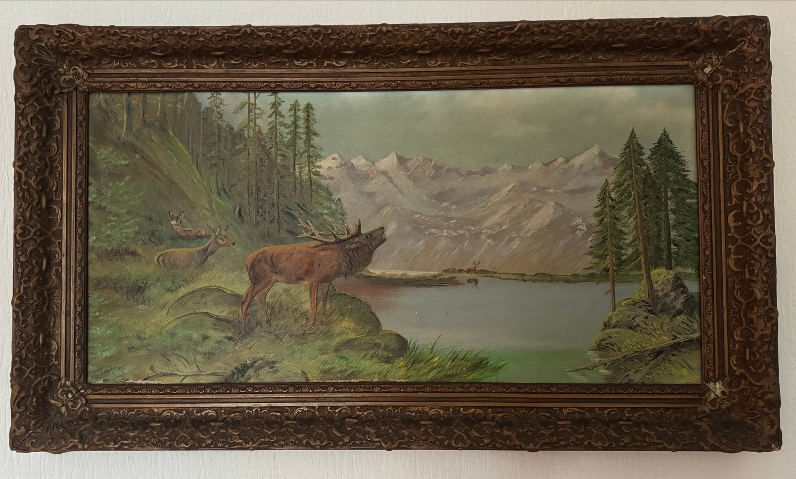 Olieverfschilderij met herten en berglandschap, Ophalen, Doek, Dieren, Olieverf