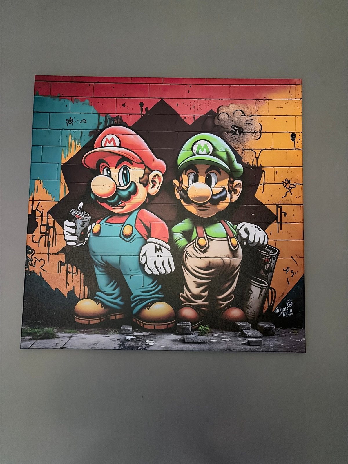 Super Mario en Luigi Graffiti Canvas - 80x80 cm, Huis en Inrichting, Woonaccessoires | Schilderijen, Tekeningen en Foto's, Ophalen