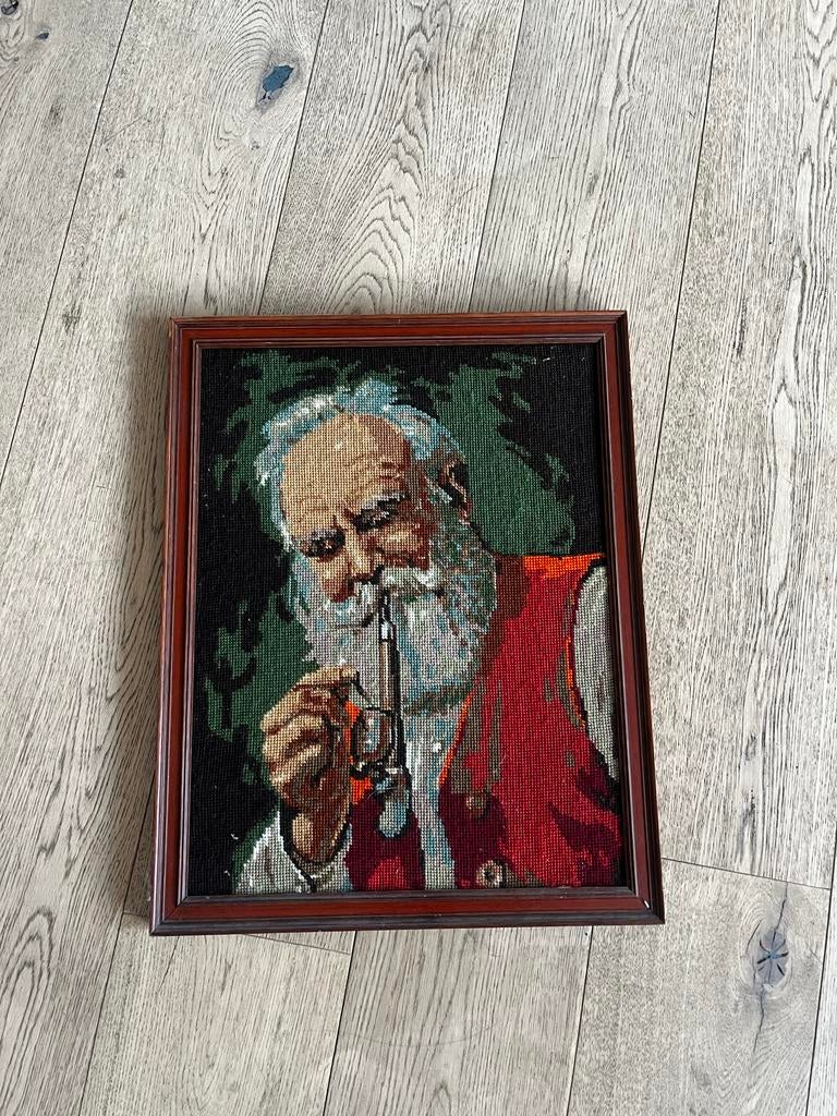 Geborduurd schilderij 'Man met pijp' - Doris Rijkers, Ophalen of Verzenden, Gebruikt, Handborduren, Overige typen