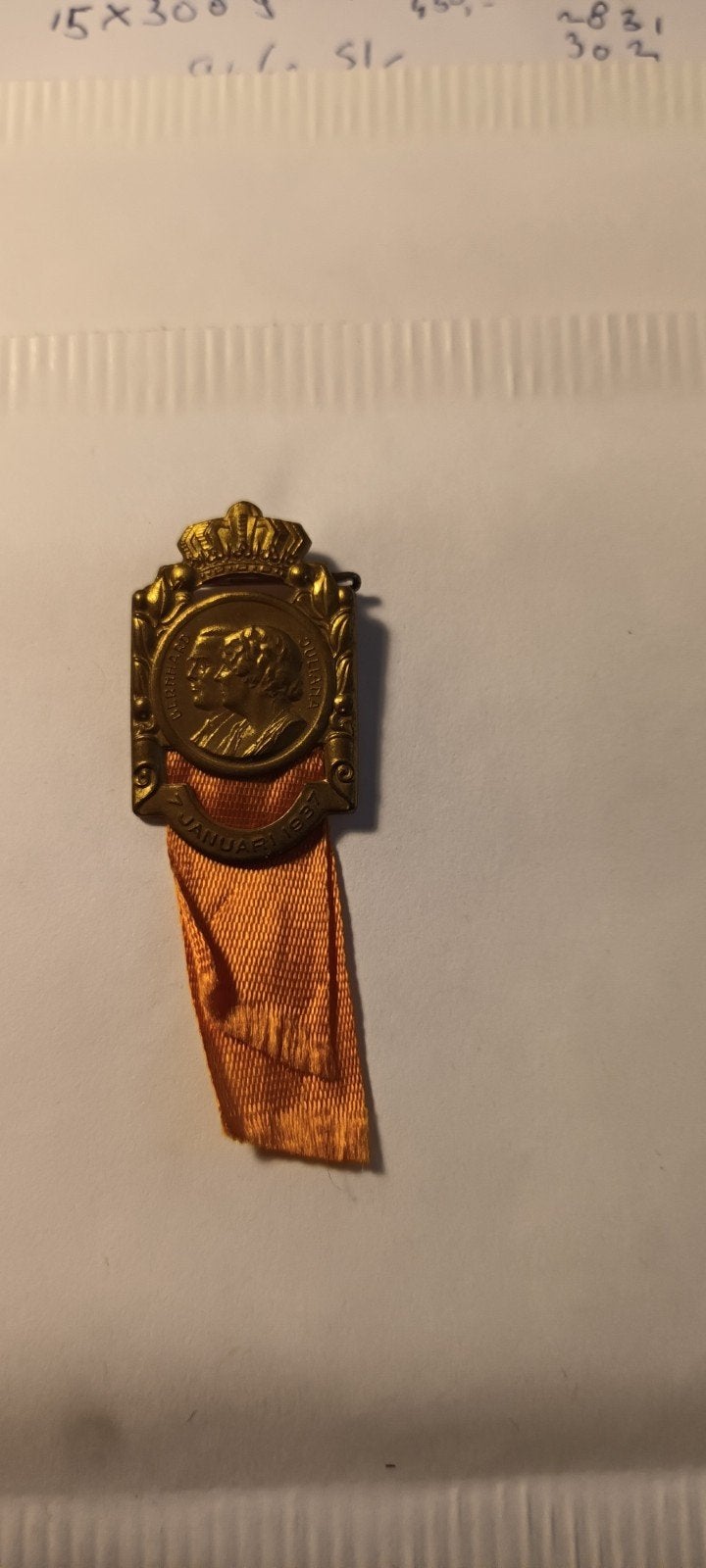 Vintage medaille met Koning Willem III en oranje lint, Ophalen of Verzenden, Gebruikt