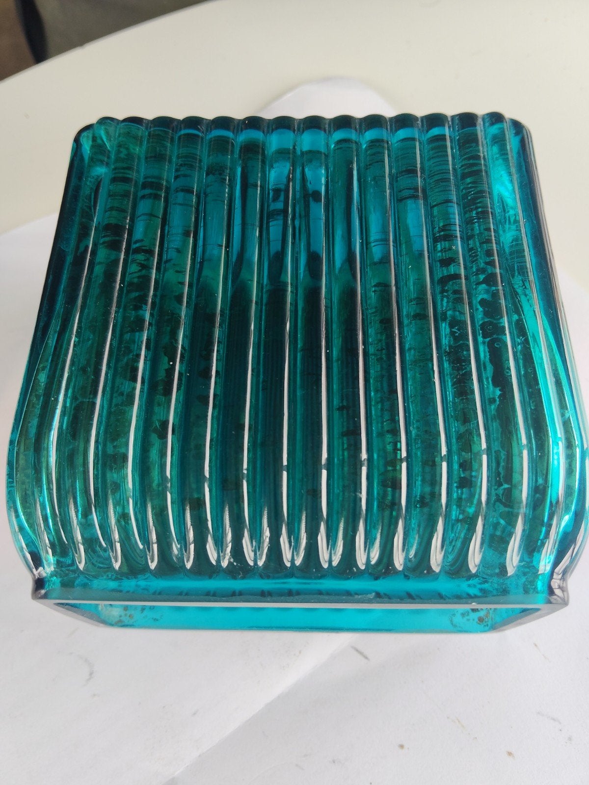 Vintage Pilgrim Glass "Metropolis" Vaas – Teal/Aqua  ', Ophalen of Verzenden, Rechthoekig, Glas