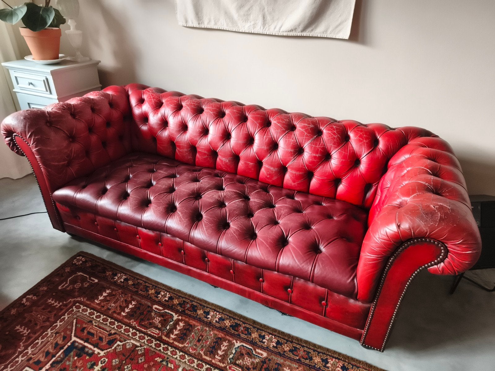 Originele Chesterfield bank - rood leer -  190 cm - vintage, Huis en Inrichting, Ophalen, Gebruikt, 150 tot 200 cm, Driepersoons