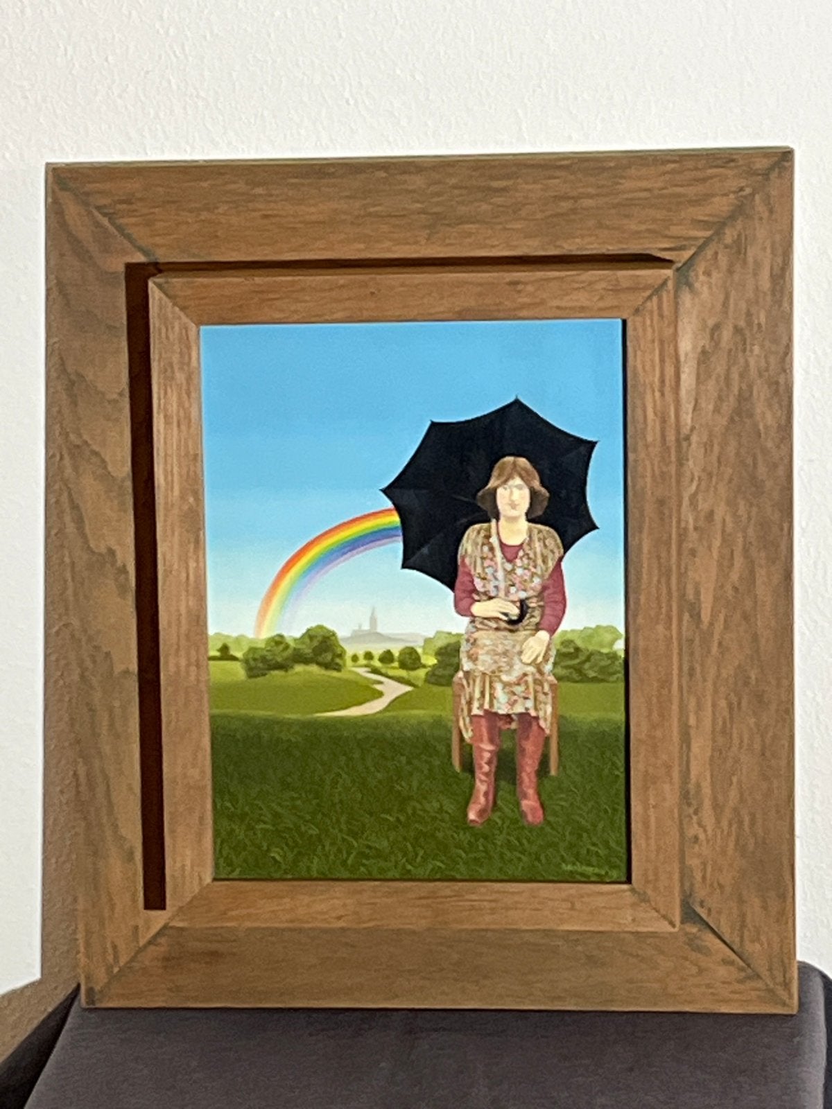 Vrouw met paraplu en regenboog - Ruud Nelissen '79, Antiek en Kunst, Paneel, Gedateerd, Portret of Personen, Realistisch