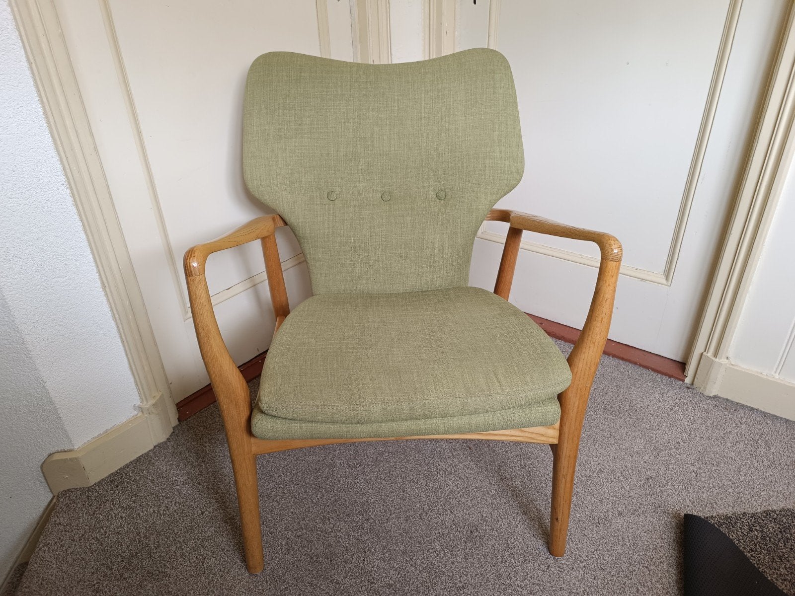 Polspotten vintage Deens design fauteuil - Groen gestoffeerd, Huis en Inrichting, Fauteuils, Ophalen, Gebruikt, Deens design, Vintage