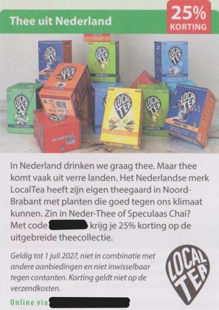 Thee uit Nederland. 25% korting. Postcodeloterij voordeelbon, Eén persoon, Kortingsbon, Warenhuis- of Winkelbon