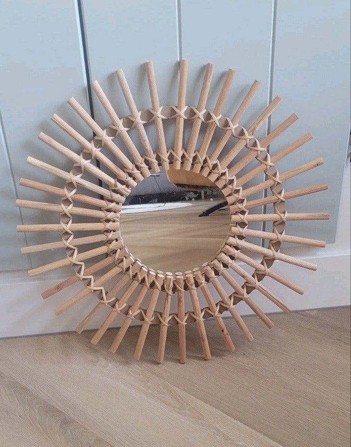 Rotan bamboe spiegel - Zon spiegel groot, Minder dan 50 cm, Rond, Ophalen of Verzenden, Zo goed als nieuw