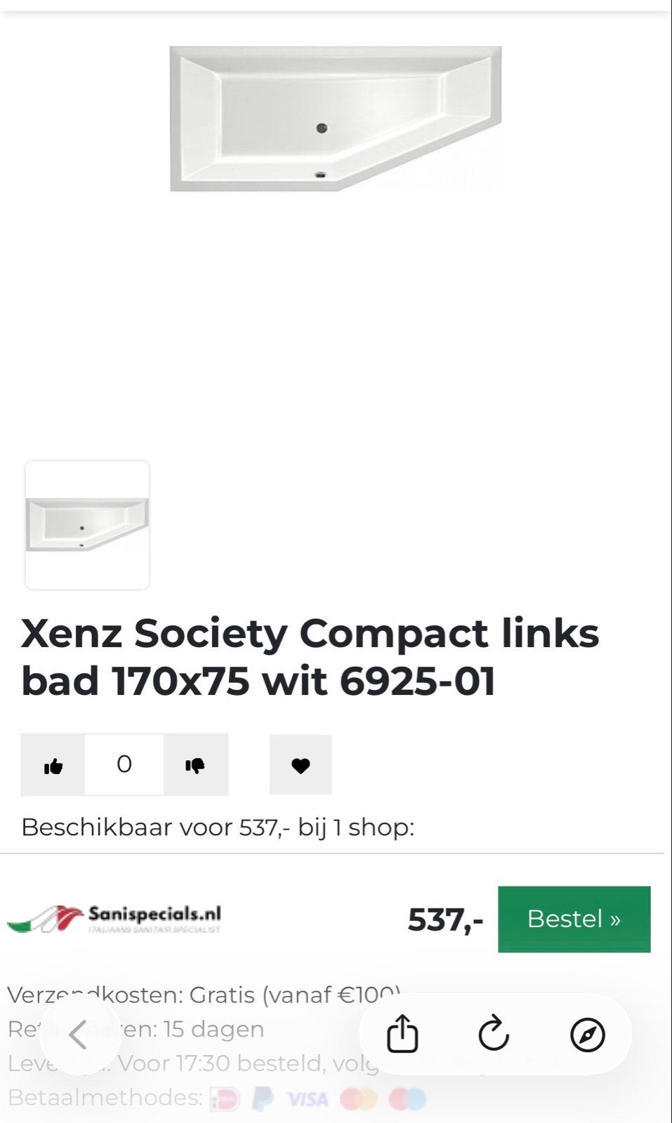 Xenz Society Compact ligbad 170x75x44 cm Links Wit Nieuw, Ophalen, Nieuw, Bad
