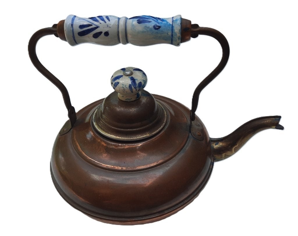 Antieke koperen theepot waterketel Delfts blauw, Ophalen of Verzenden