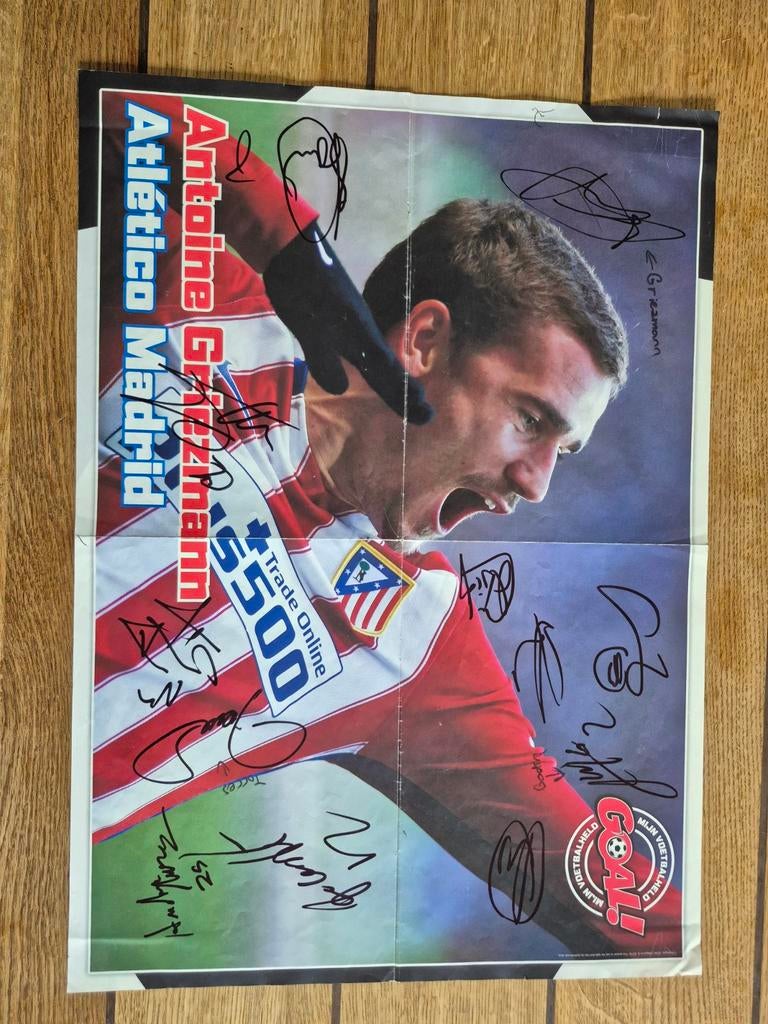 Atletico Madrid poster met handtekeningen, Gebruikt, Rechthoekig Liggend, Ophalen of Verzenden, Canvas of Doek