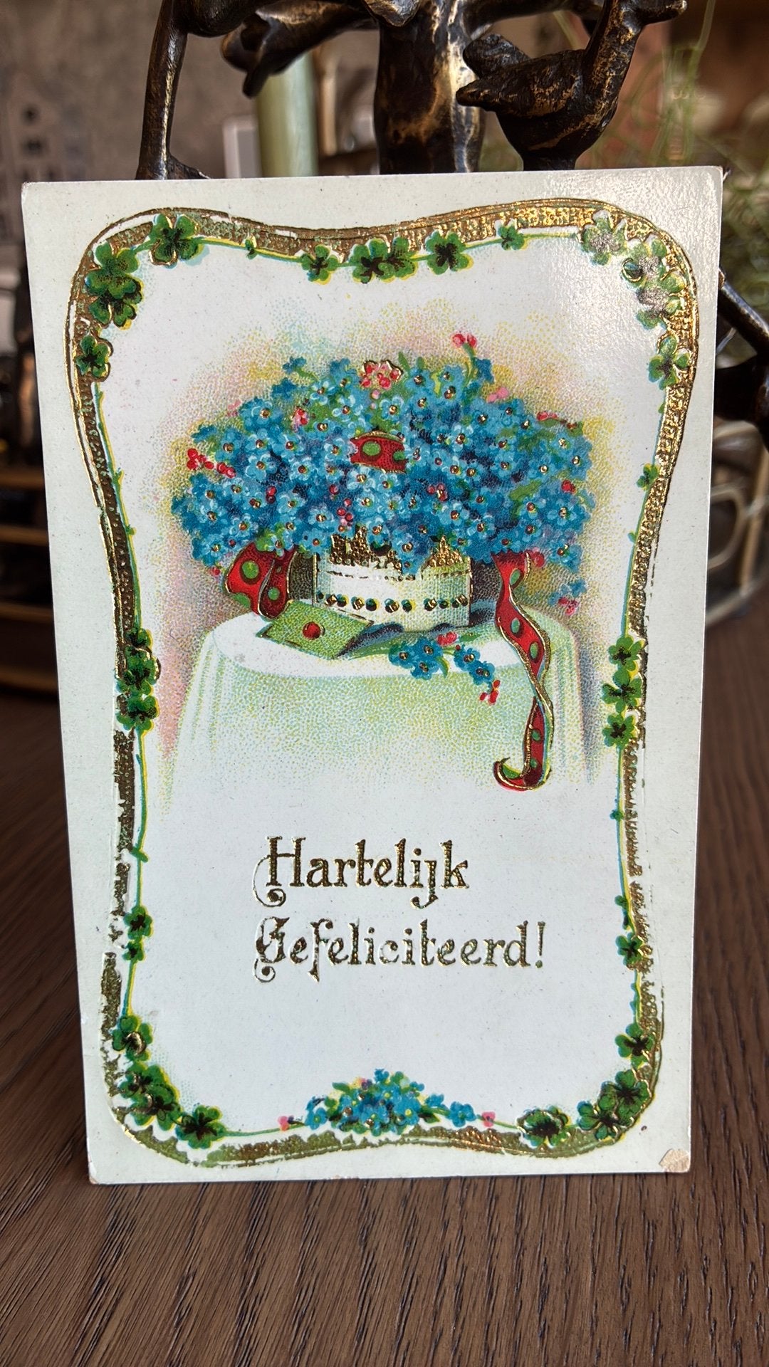 Gefeliciteerd. Vergeetmijnietjes, klaver, goudopdruk, Ophalen of Verzenden, 1920 tot 1940, Gelopen