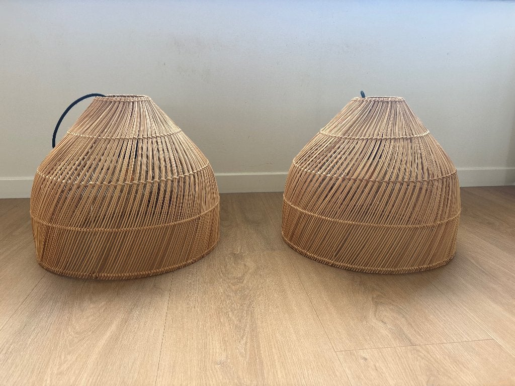 Rieten hanglamp, twee stuks, Ophalen, Natuurlijk materiaal, E27 (groot), Zo goed als nieuw