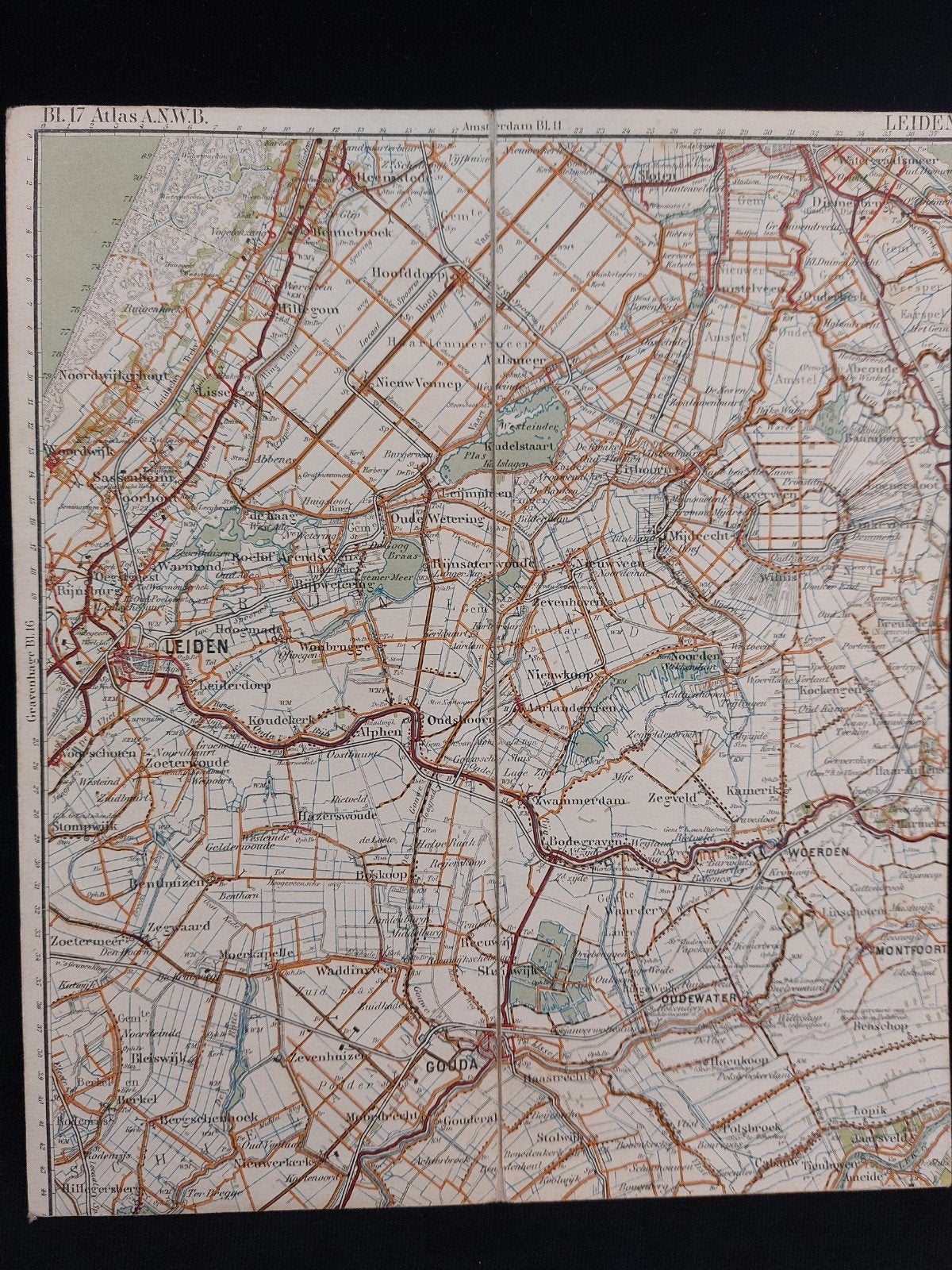 17 / Leiden en omgeving plattegrond ANWB uit 1920, Boeken, Gelezen, ANWB, Ophalen of Verzenden, Landkaart