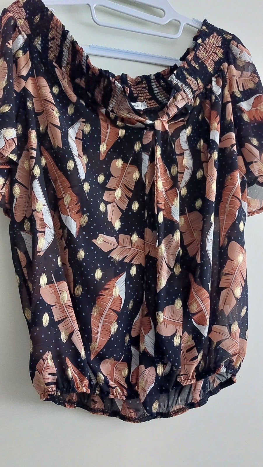 Off-shoulder blouse met bronskleurige bladeren, Zwart, Maat 42/44 (L), Papillonne, Ophalen of Verzenden
