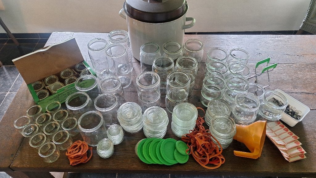 Weck-ketel met glazen weckpotten en toebehoren, Ophalen, Gebruikt, Pot, Bus of Blik, Glas