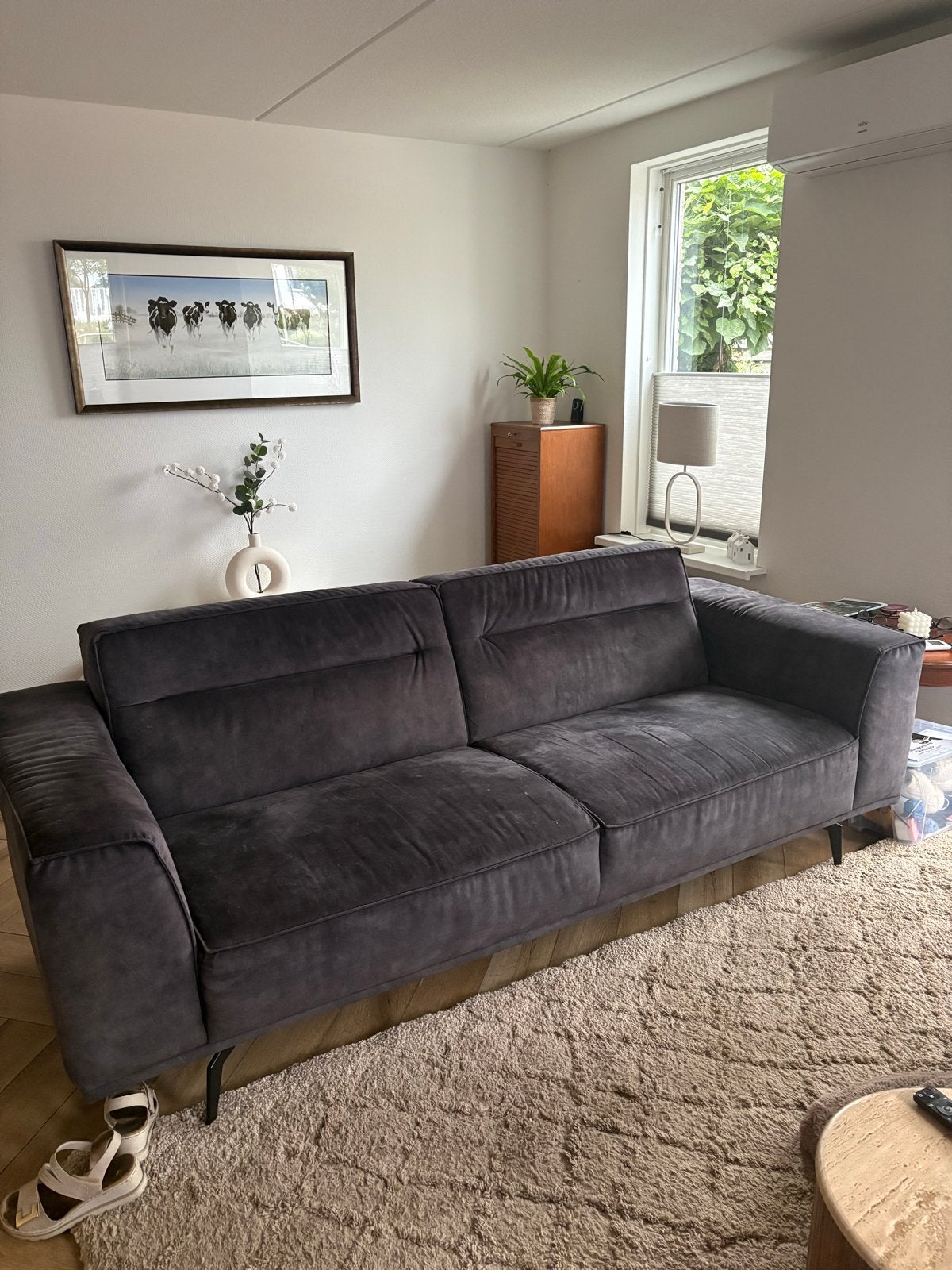 Comfortabele 3-zits bank in antracietkleurig velvet, Ophalen, Gebruikt, Driepersoons, 75 tot 100 cm
