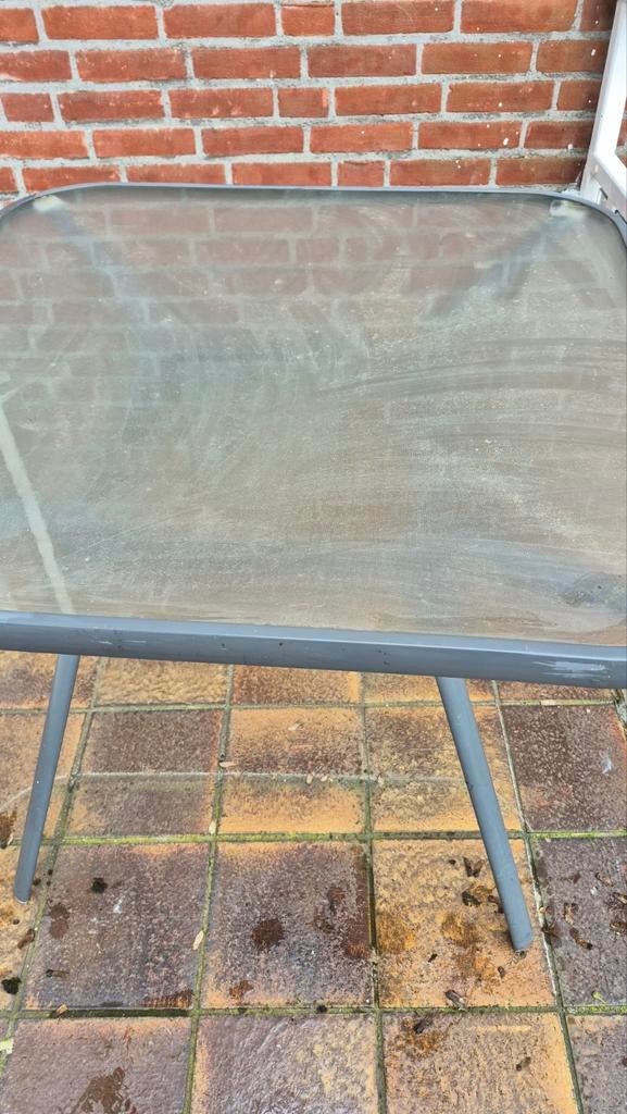 Glazen tuintafel met metalen onderstel, Ophalen of Verzenden, Gebruikt, Rechthoekig, Metaal