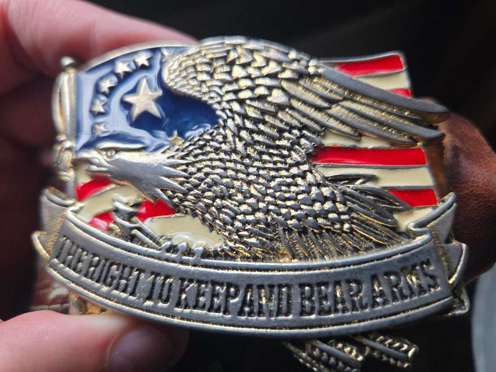 Vintage Brass Buckle/Belt "The Right to Keep and Bear Arms", Kleding | Heren, Overige kleuren, Baron, Minder dan 95 cm, Ophalen of Verzenden