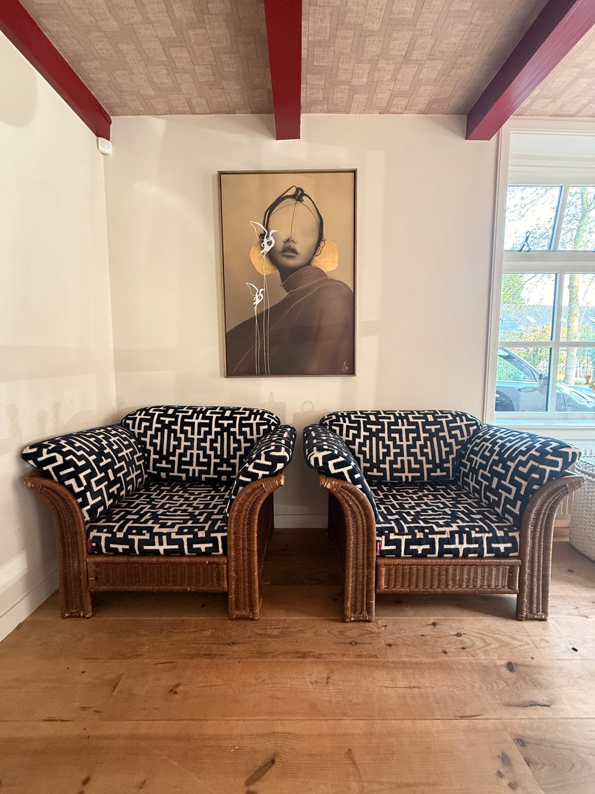 Set van 2 rotan fauteuils met grafische print, Huis en Inrichting, Stoelen, Ophalen, Twee, Zwart, Riet of Rotan