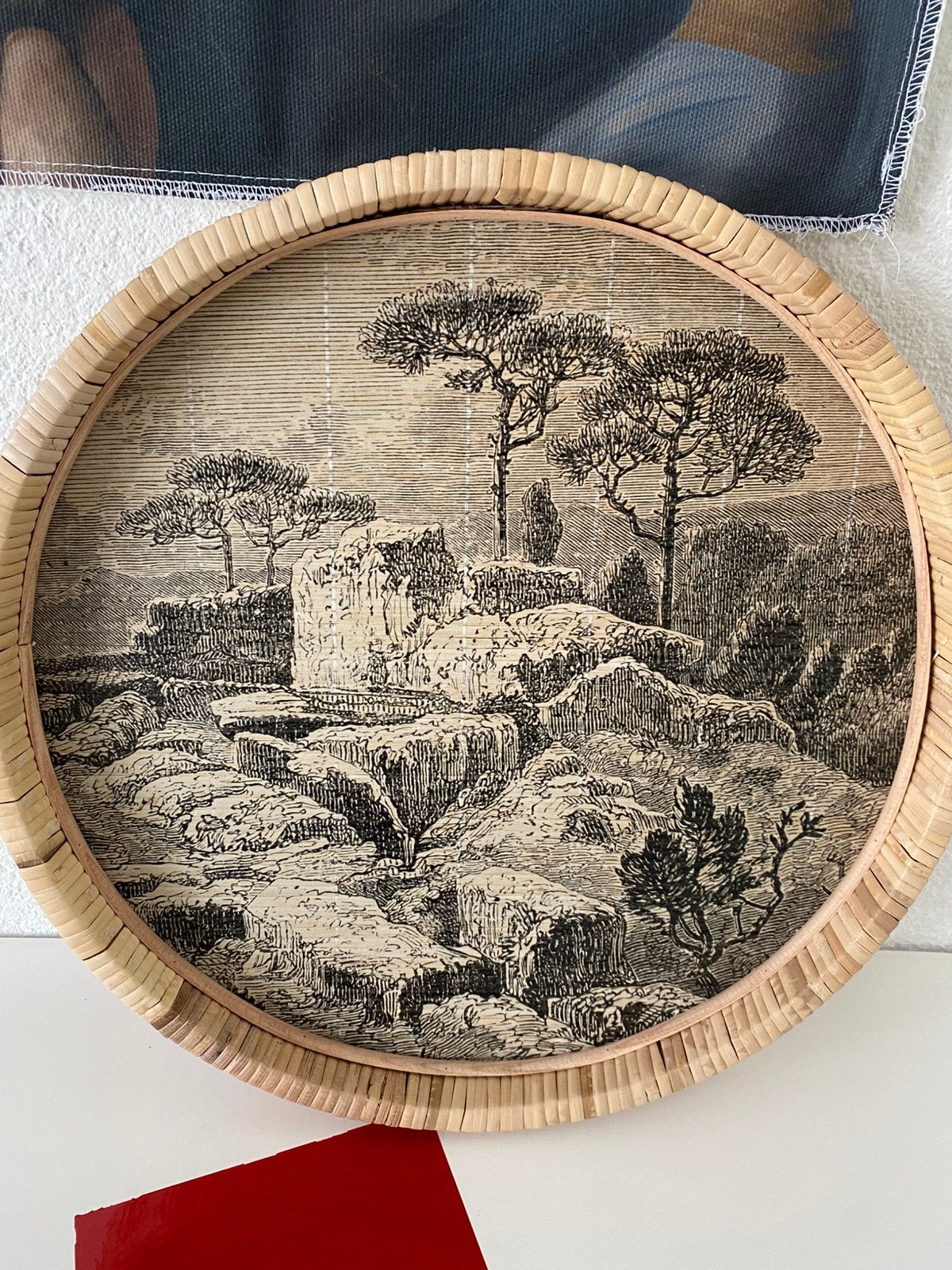 Wanddecoratie, bamboe, rond  met een landschap, Ophalen