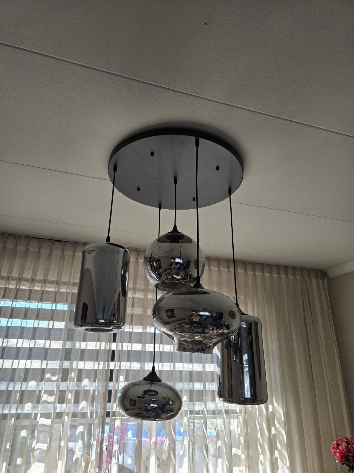 Eric kuster style. mooie smokey hanglamp met 5 bollen., Ophalen