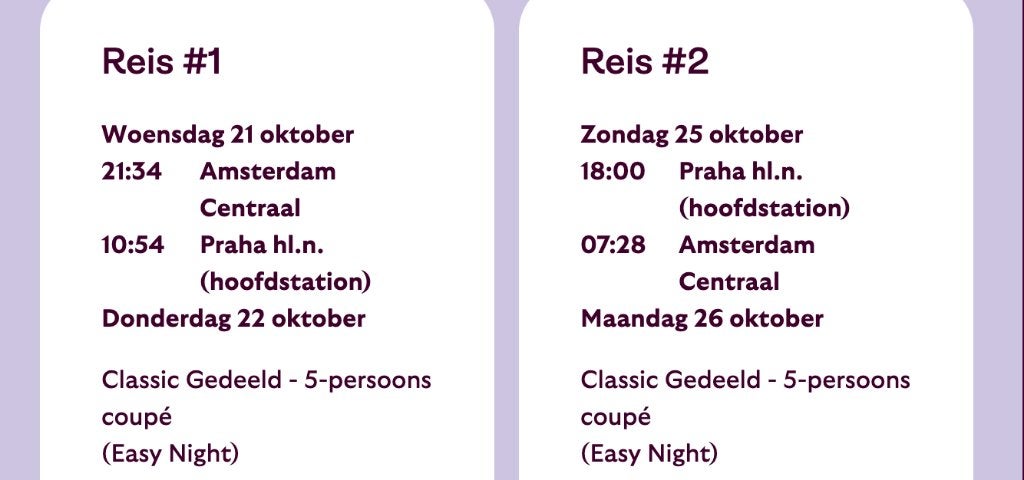 Treinticket retour nachttrein Amsterdam Praag 21-25 oktober, Tickets en Kaartjes, Eén persoon, Trein, Buitenland, Met bestemming of datum