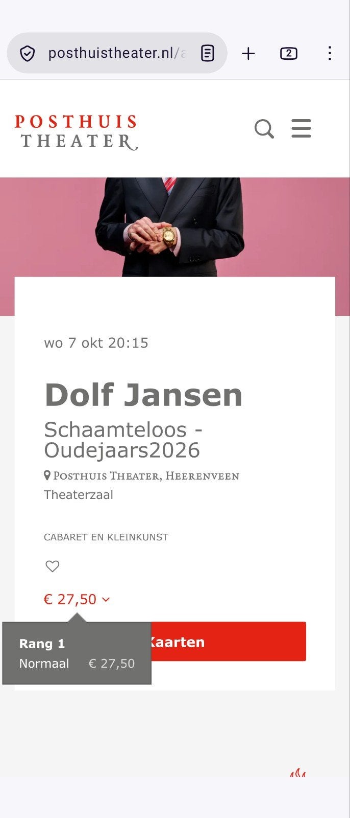 2 kaartjes theater Dolf Jansen in Posthuis Heerenveen, Tickets en Kaartjes, Twee personen, Oktober