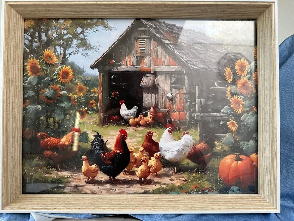 Schilderij met zonnebloemen, pompoenen en kippen, Huis en Inrichting, Ophalen of Verzenden, Nieuw