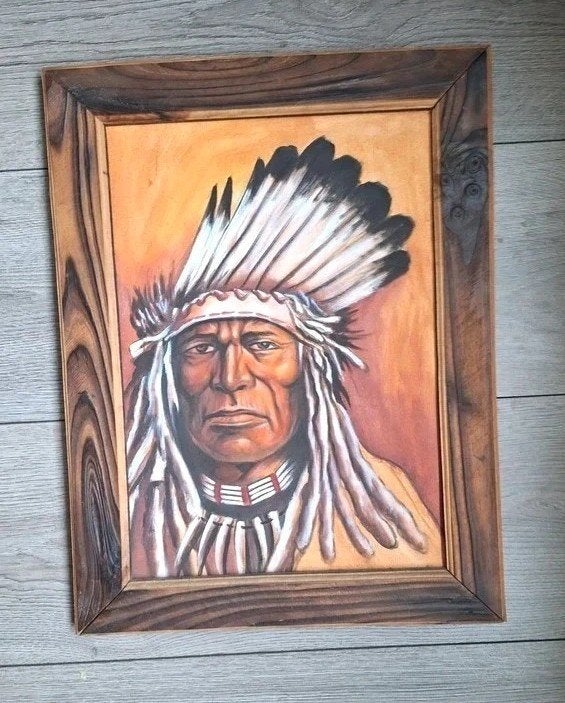 Handgeschilderd indiaan schilderij met houten lijst, Huis en Inrichting, Minder dan 50 cm, Ophalen of Verzenden, Zo goed als nieuw