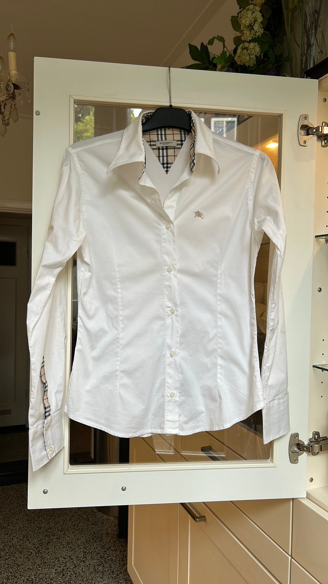 Witte BURBERRY blouse met ruiten accenten mt S ZGAN, Ophalen of Verzenden, Zo goed als nieuw, Maat 36 (S), Wit