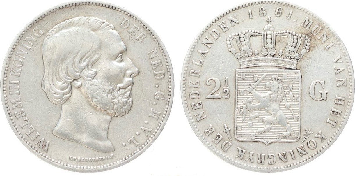 Zeldzame rijksdaalder 1861 Willem III, Ophalen of Verzenden, Koning Willem III, 2½ gulden, Zilver