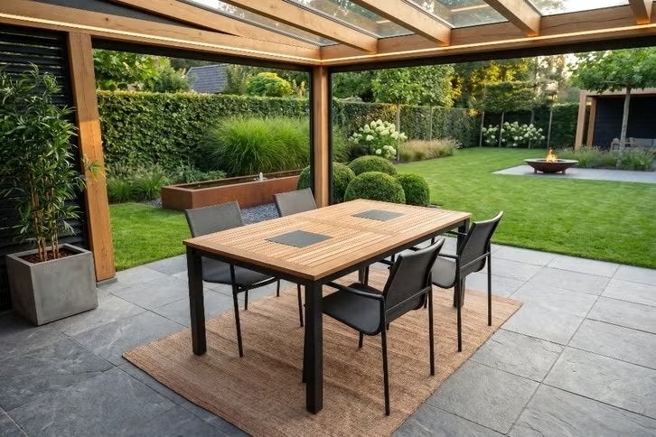 Outlet | Luxe 4 Seasons Outdoor Tuinset (Tafel + 4 Stoelen), Tuin en Terras, Tuintafels, Ophalen, Zo goed als nieuw, Rechthoekig