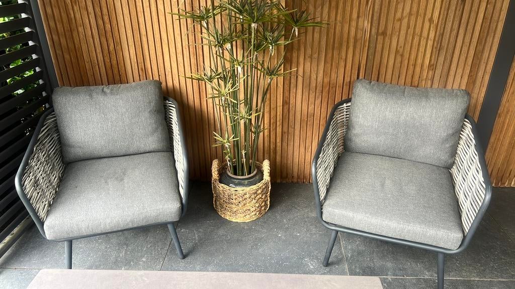 2 Luxe Lounge tuinstoelen met kussens, Ophalen of Verzenden, Zo goed als nieuw, Wicker, 2 zitplaatsen