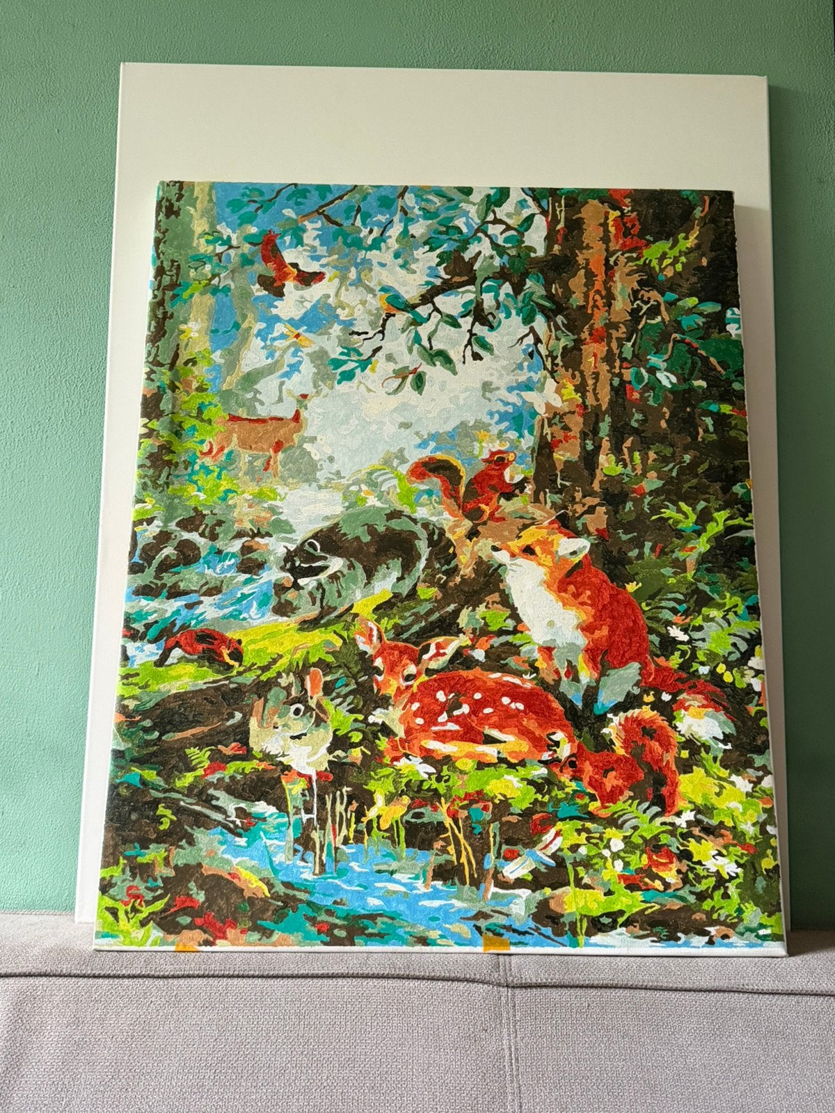 Handgeschilderd schilderij bos met wilde dieren – 60x75 cm, Ophalen of Verzenden