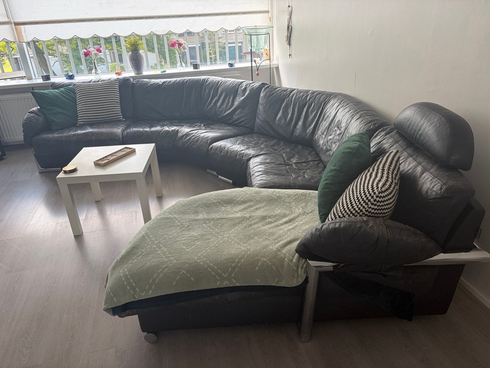 Zwarte Leren Hoekbank met Chaise Longue, Ophalen, Gebruikt, Hoekbank, 300 cm of meer