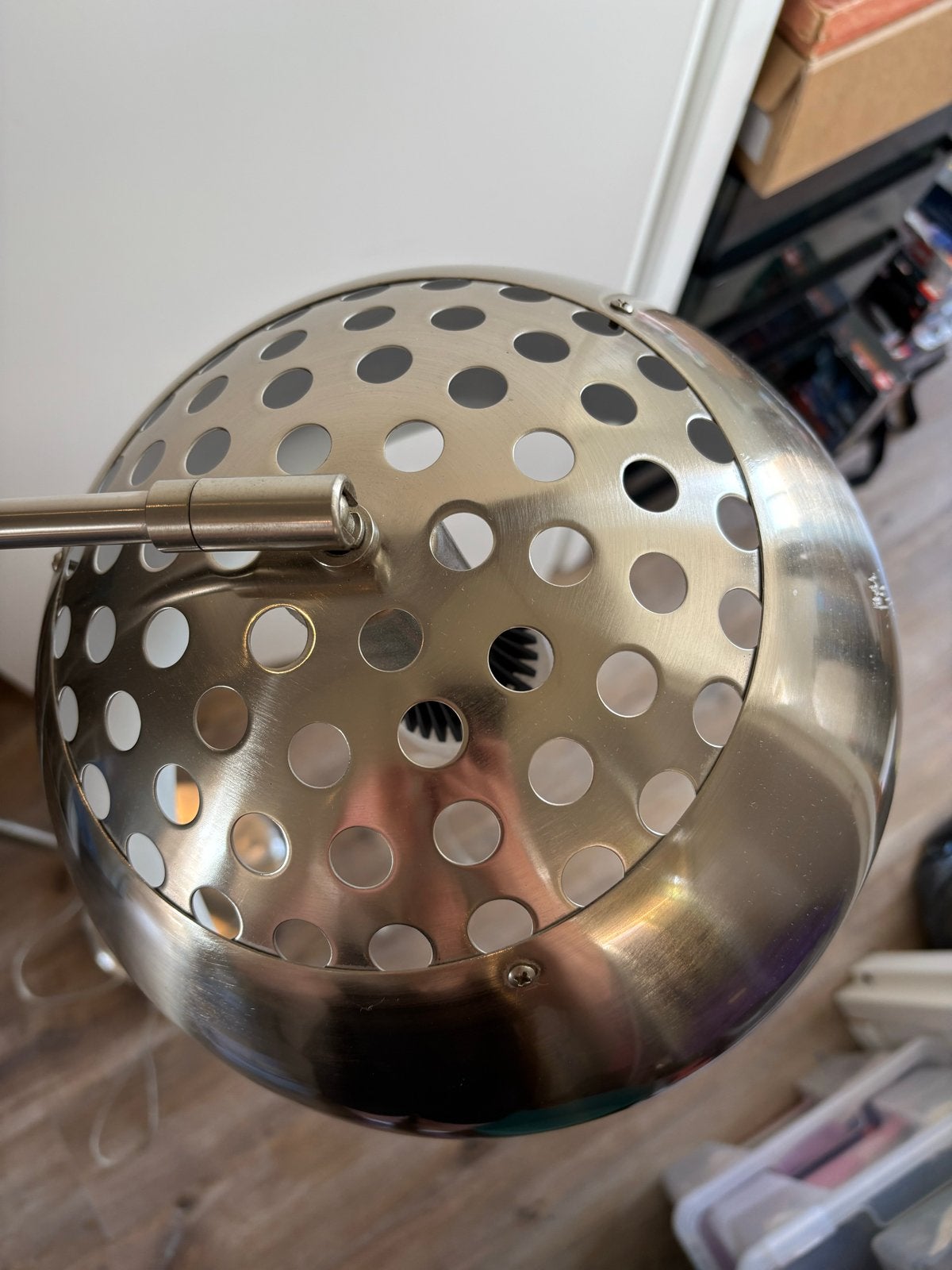 Designerlamp De Bijenkorf Chroom - Voetknop defect, Ophalen, Gebruikt, Metaal, 150 tot 200 cm