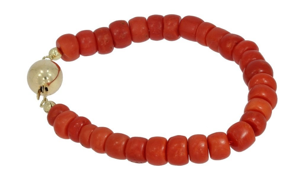 Kaasjes fraai antieke armband bloedkoraal 14k bol slot goud, Sieraden, Tassen en Uiterlijk, Ophalen of Verzenden, Goud, Armband